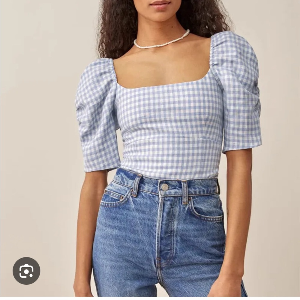 Reformation January Puff Sleeve Linen Plaid Gingham Top Shirt Zip 2 4 XS S